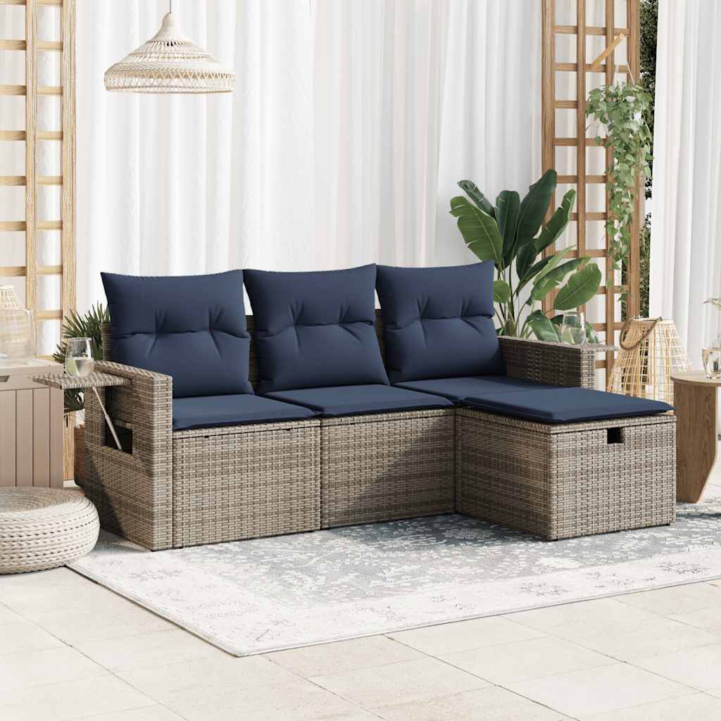 4 Pcs conjunto sofás de jardim c/ almofadões vime PE cinzento