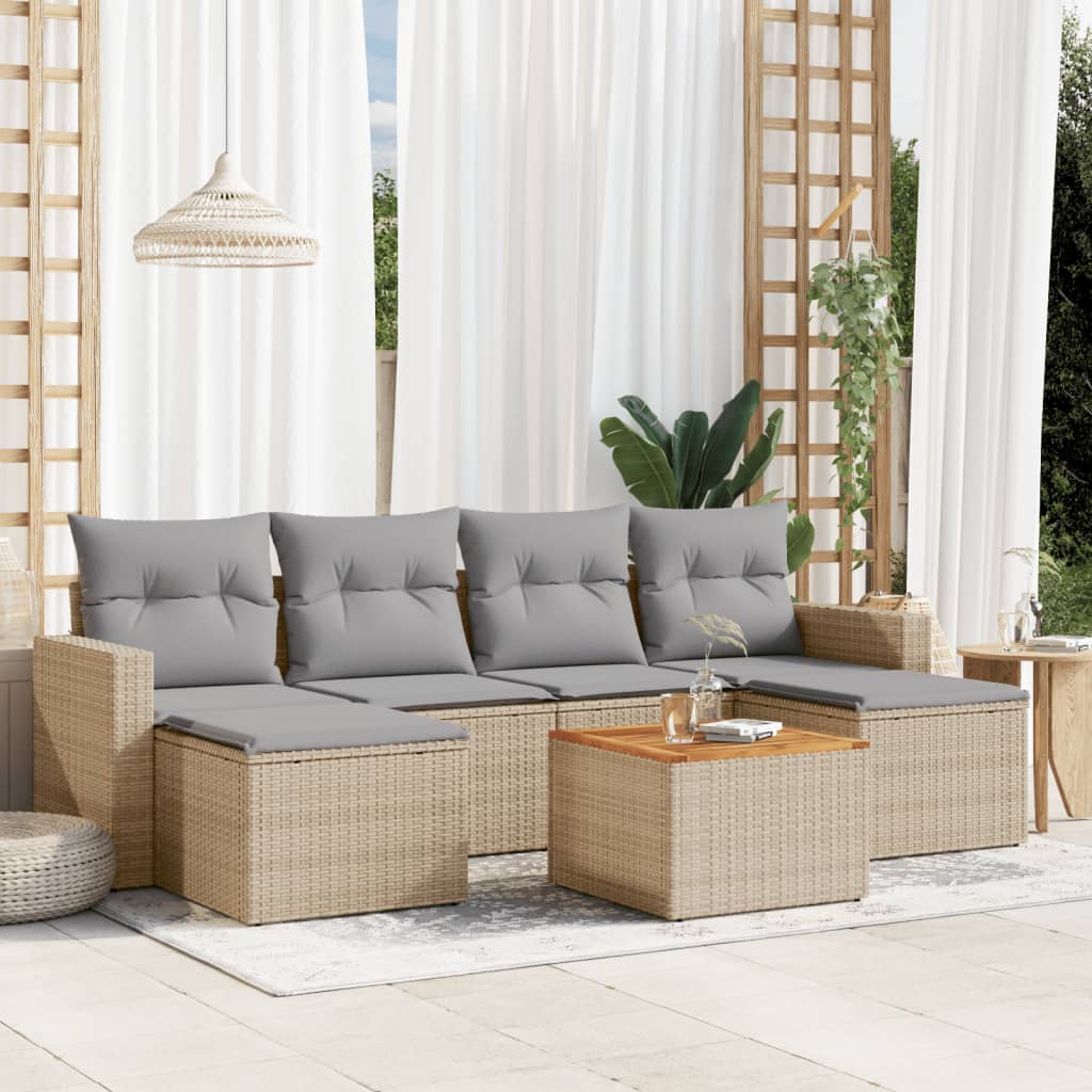 7 Pcs conjunto de sofás p/ jardim com almofadões vime PE bege