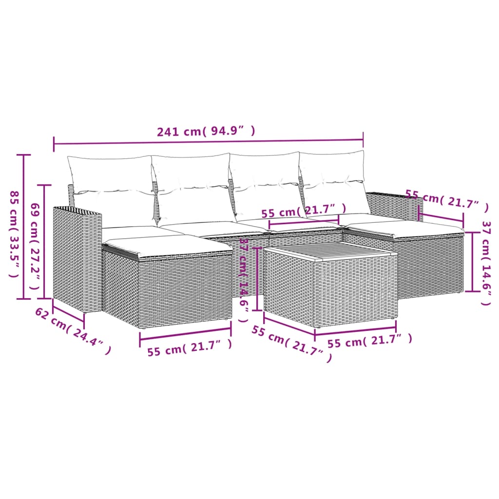 7 Pcs conjunto de sofás p/ jardim com almofadões vime PE bege