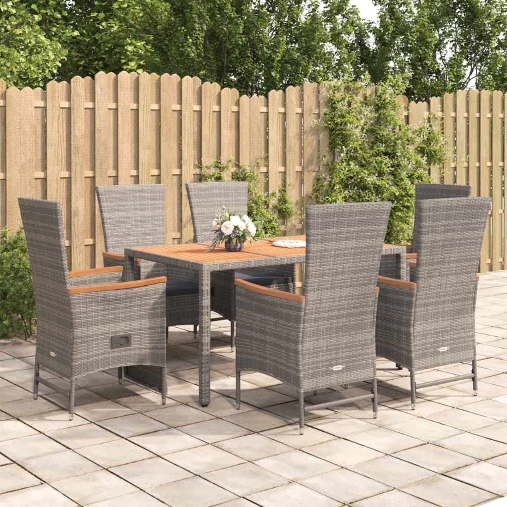 7 Pcs conjunto de jantar p/ jardim c/ almofadões vime PE cinza