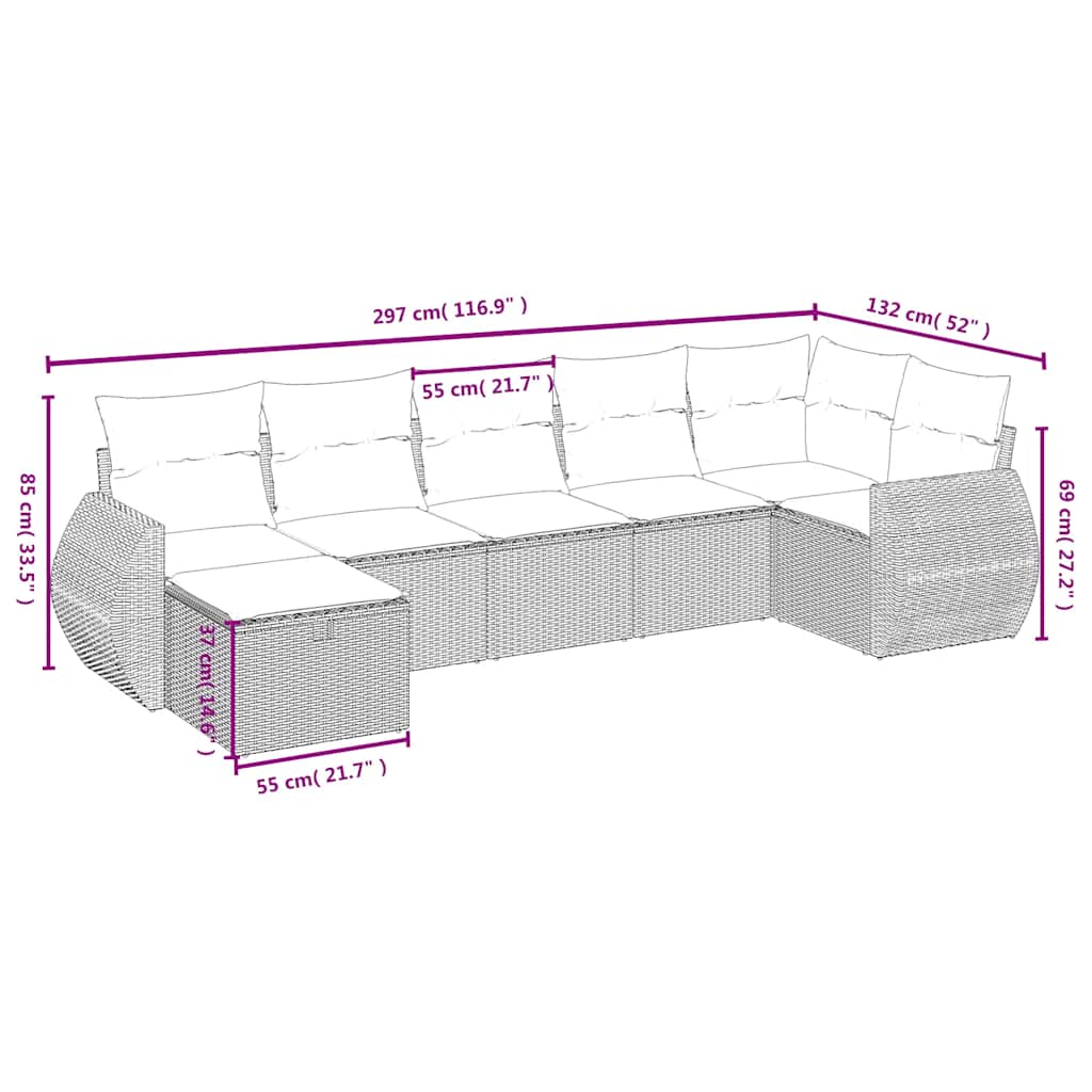 7 Pcs conjunto de sofás p/ jardim c/ almofadões vime PE preto