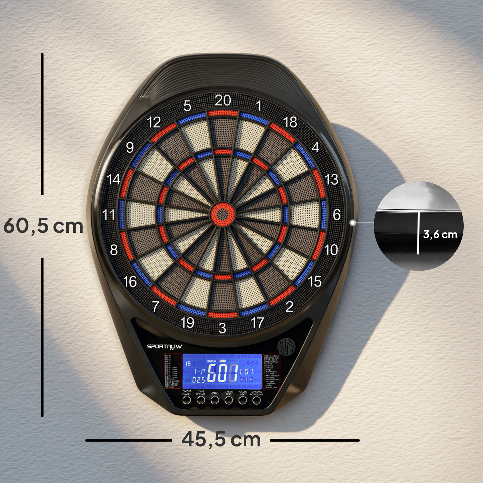 Alvo eletrónico com 6 dardos e 24 pontas macias ecrã LED 34 jogos e 2235 programas 60,5x45,5x3,6 cm multicolor