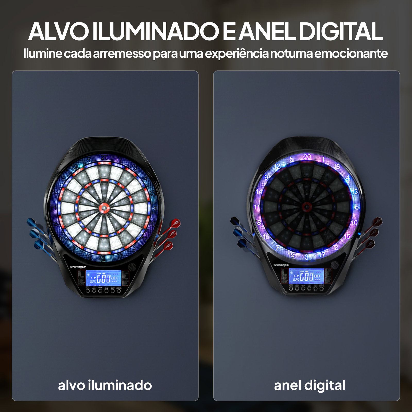 Alvo eletrónico com 6 dardos e 24 pontas macias ecrã LED 34 jogos e 2235 programas 60,5x45,5x3,6 cm multicolor