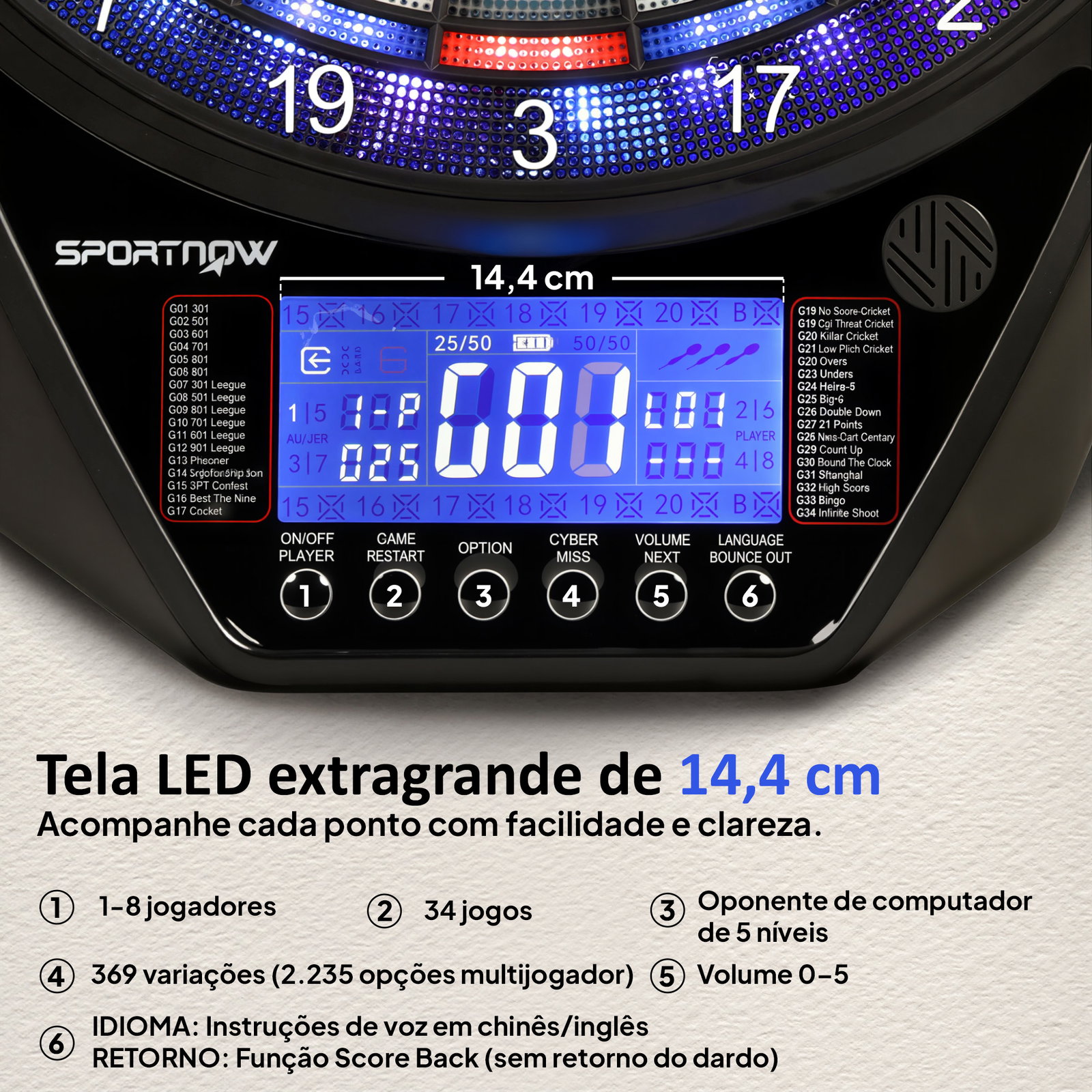 Alvo eletrónico com 6 dardos e 24 pontas macias ecrã LED 34 jogos e 2235 programas 60,5x45,5x3,6 cm multicolor