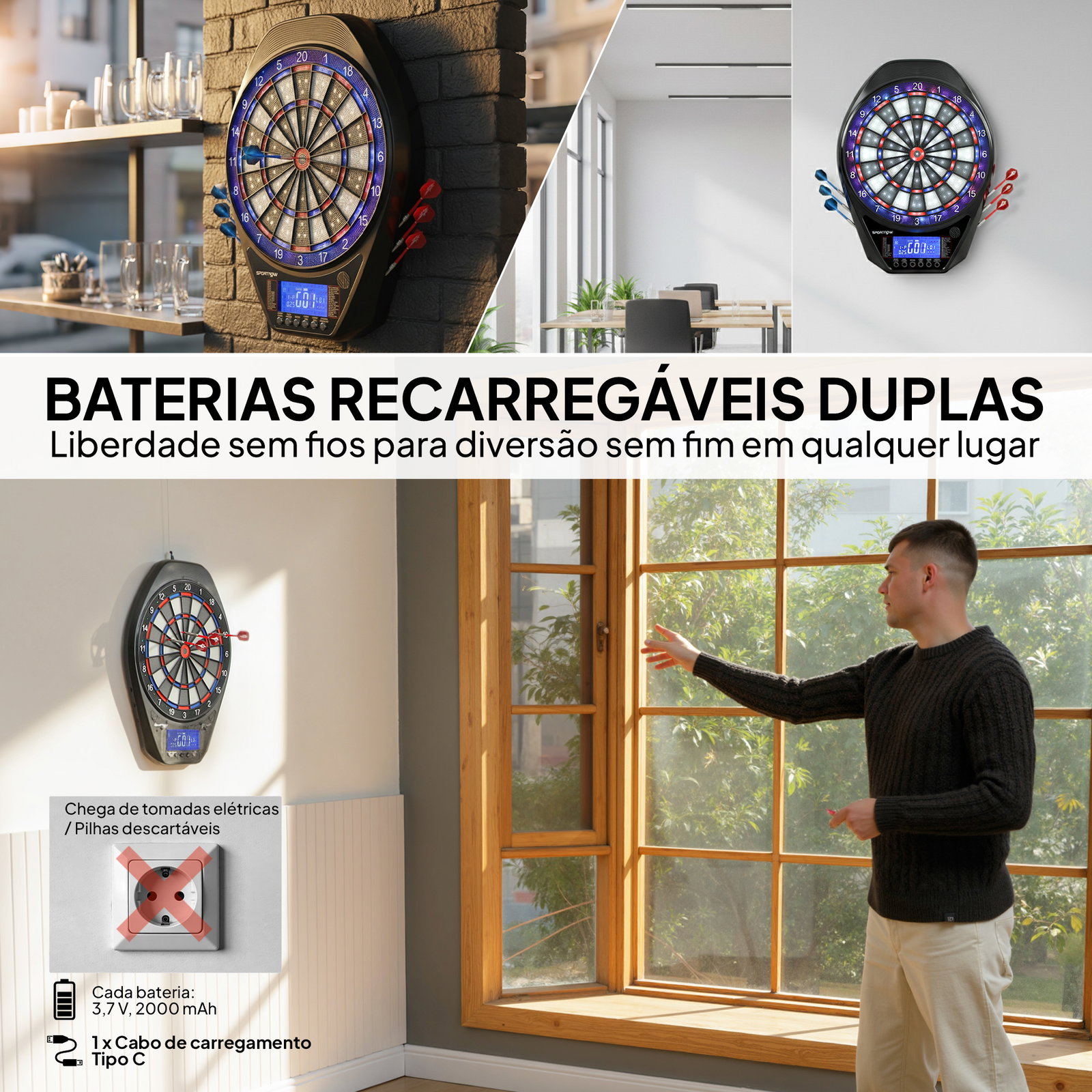 Alvo eletrónico com 6 dardos e 24 pontas macias ecrã LED 34 jogos e 2235 programas 60,5x45,5x3,6 cm multicolor