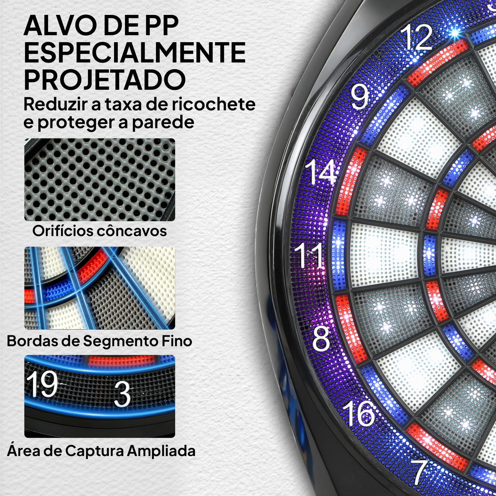 Alvo eletrónico com 6 dardos e 24 pontas macias ecrã LED 34 jogos e 2235 programas 60,5x45,5x3,6 cm multicolor