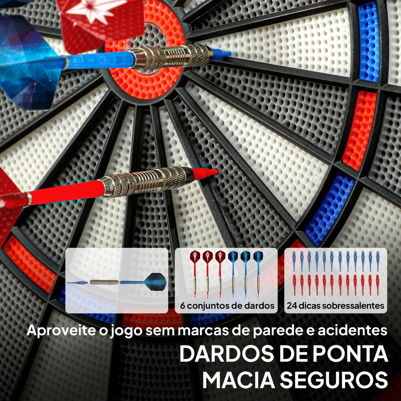Alvo eletrónico com 6 dardos e 24 pontas macias ecrã LED 34 jogos e 2235 programas 60,5x45,5x3,6 cm multicolor