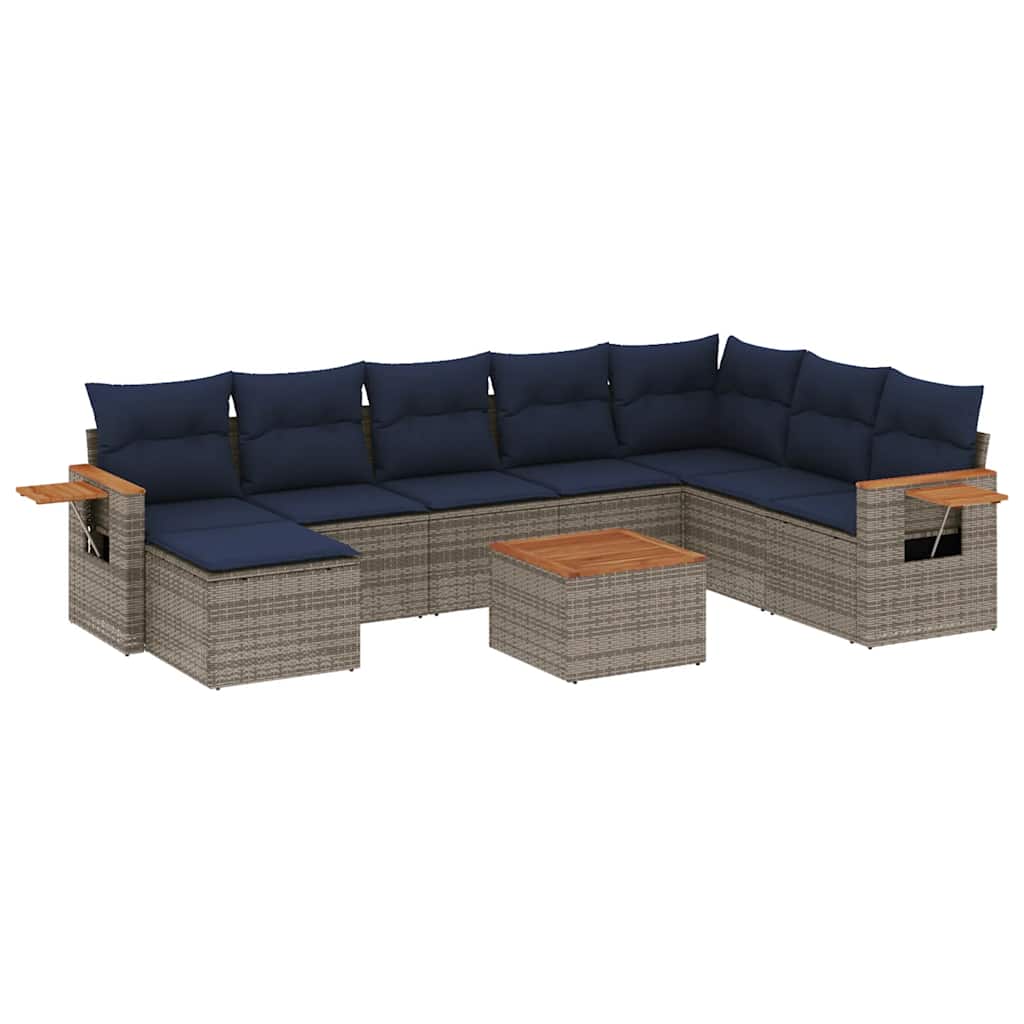 9 Pcs conjunto sofás p/ jardim c/ almofadões vime PE cinzento