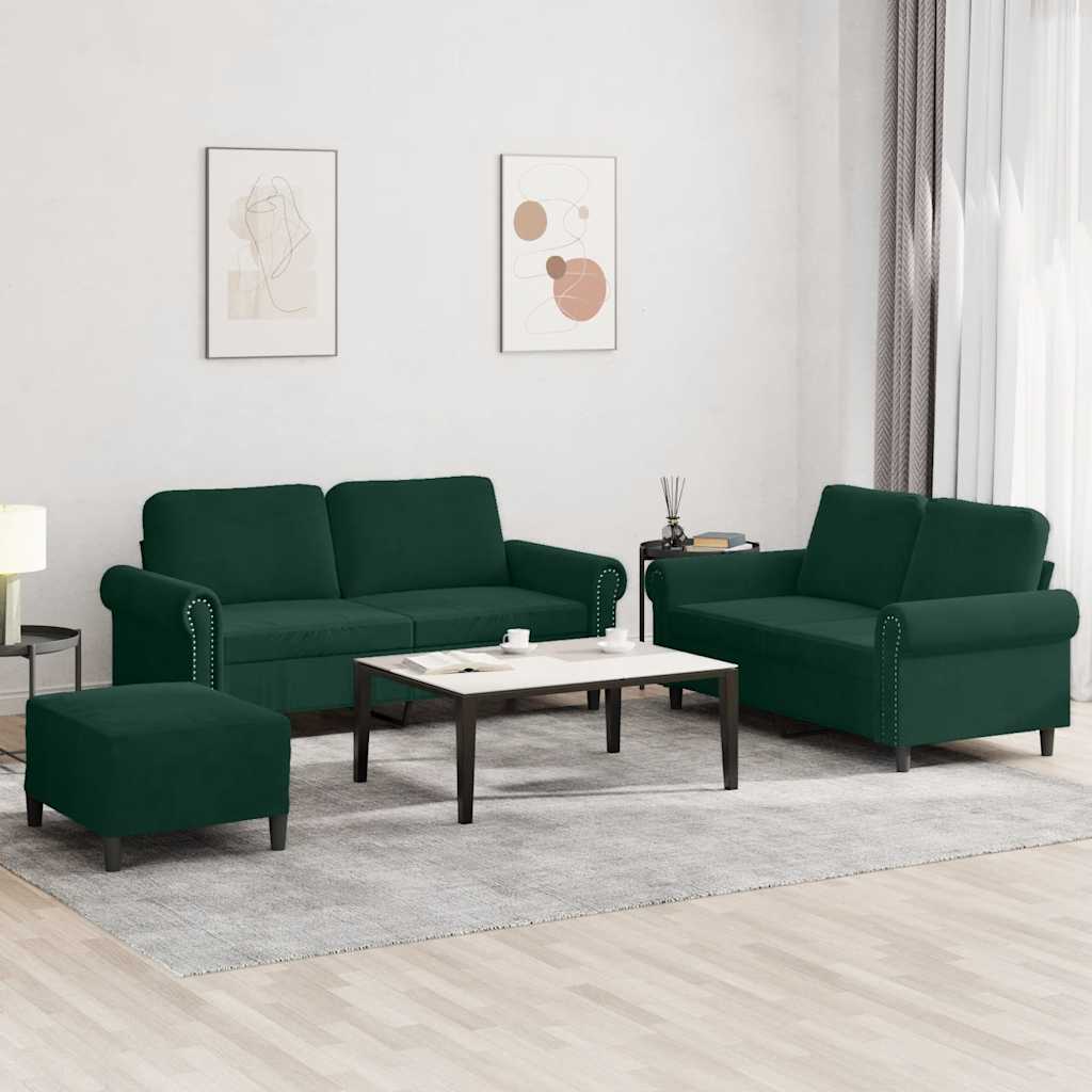 3 Pcs conjunto de sofás com almofadões veludo verde-escuro