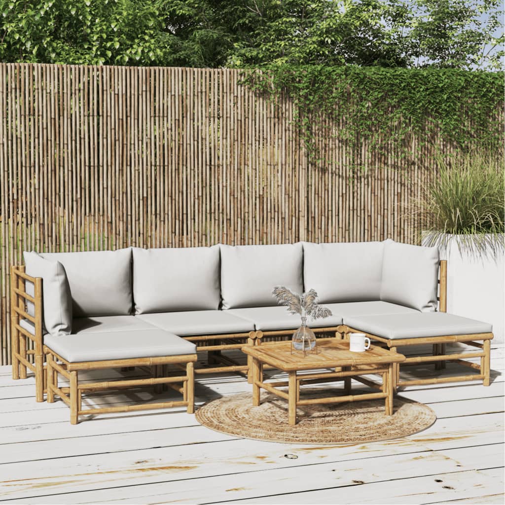 7 Pcs conj. lounge de jardim bambu c/ almofadões cinzento-claro