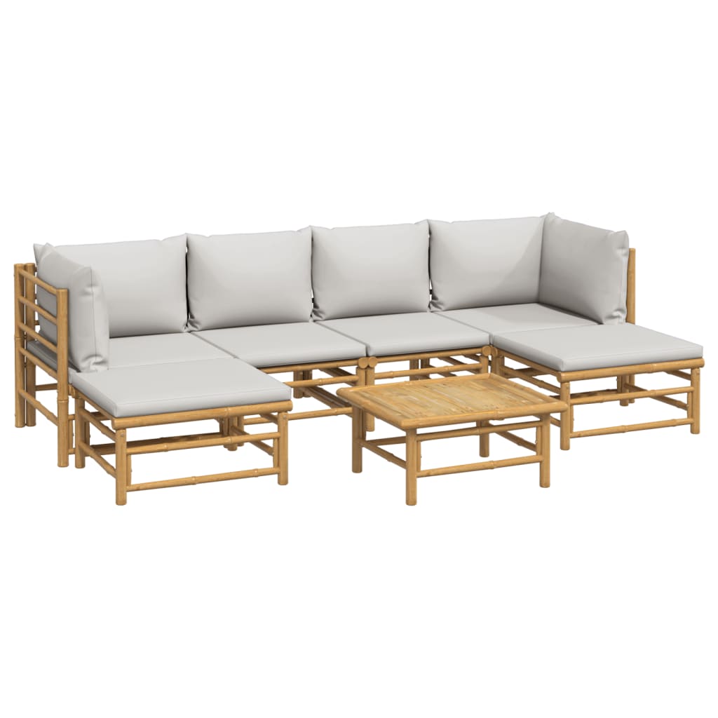 7 Pcs conj. lounge de jardim bambu c/ almofadões cinzento-claro