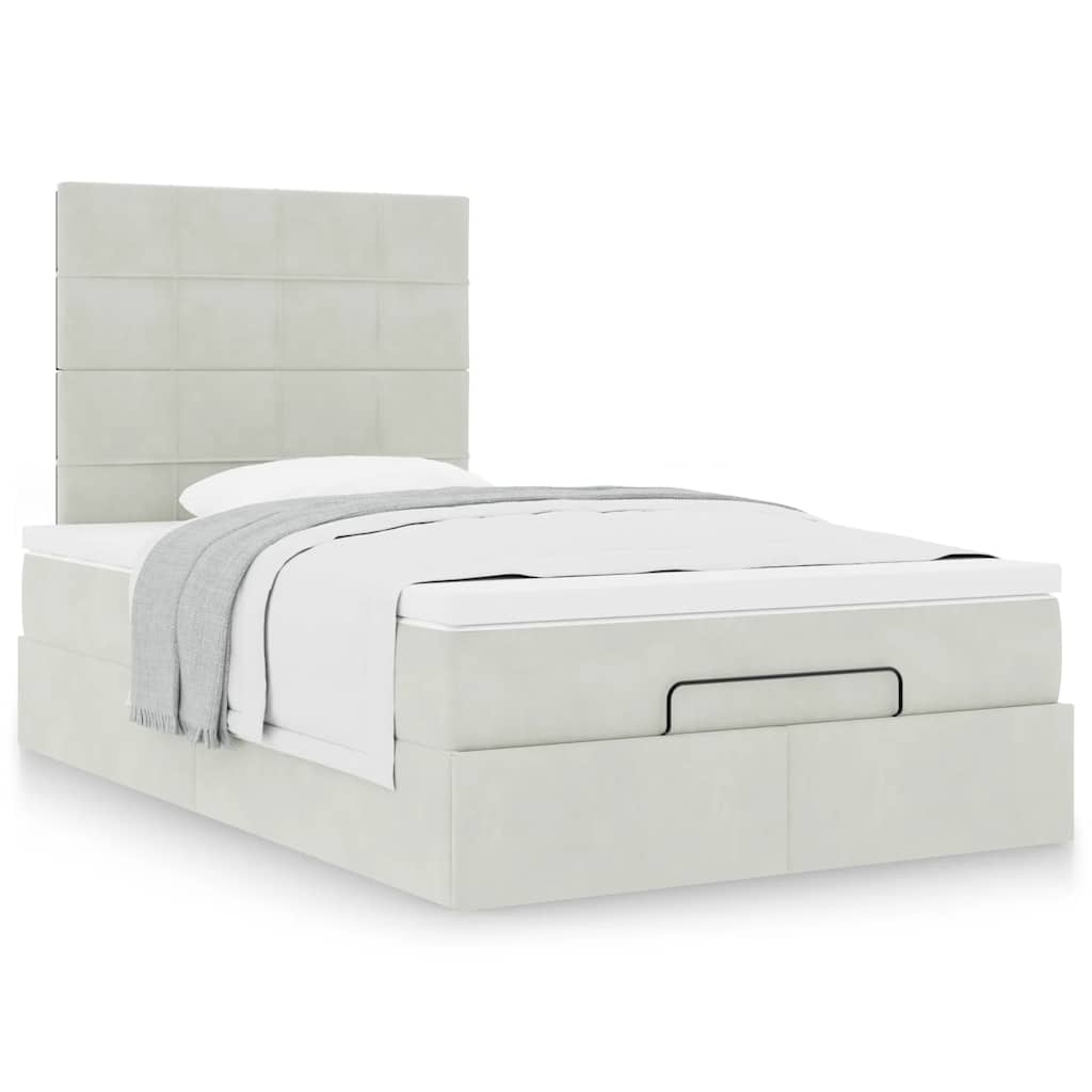 Estrutura de cama otomana com colchões cinza claro veludo