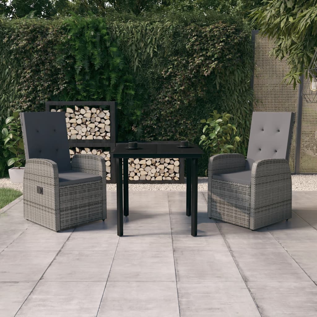 3 Pcs conjunto de jantar para jardim com almofadões cinzento