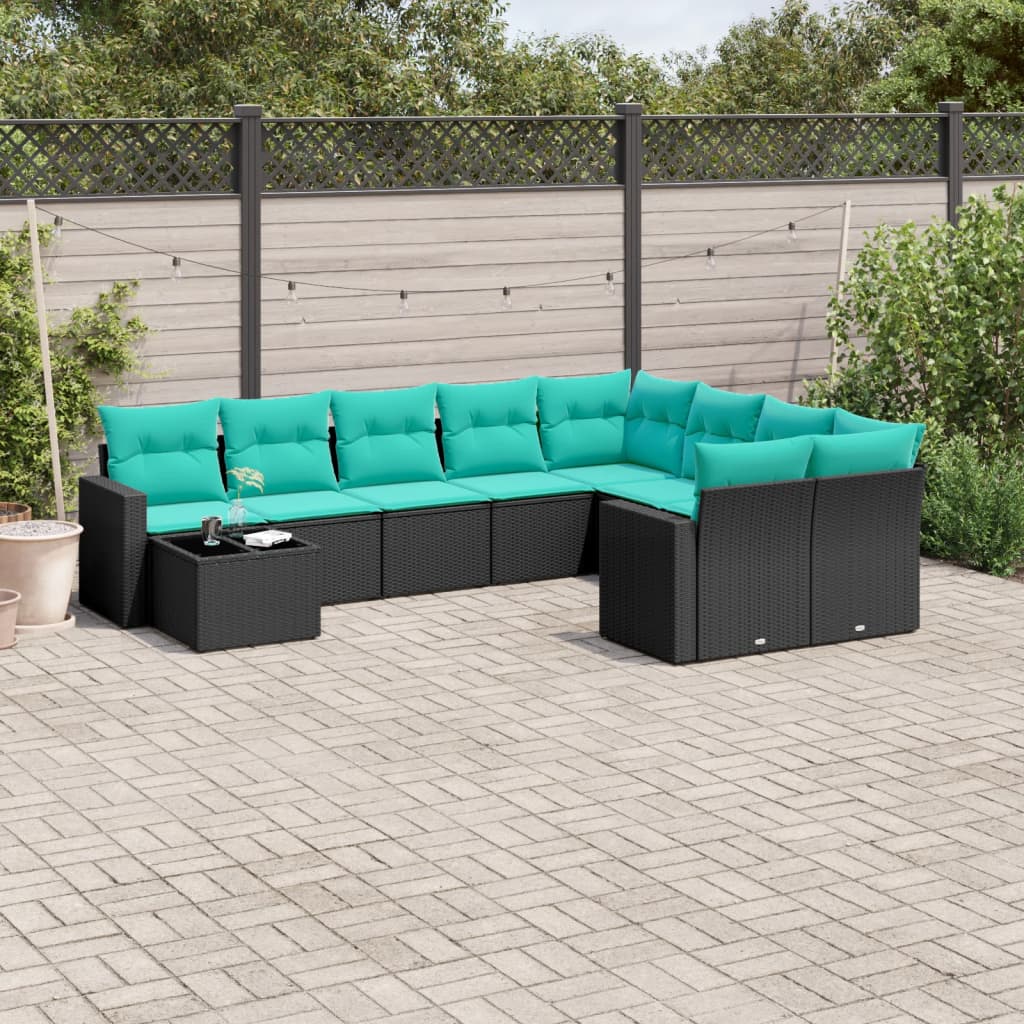 10 Pcs conjunto de sofás p/ jardim c/ almofadões vime PE preto