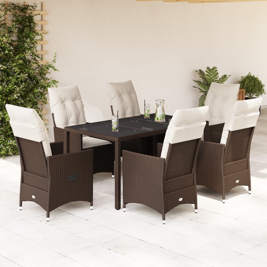 7 Pcs conjunto jantar p/ jardim c/ almofadões vime PE castanho