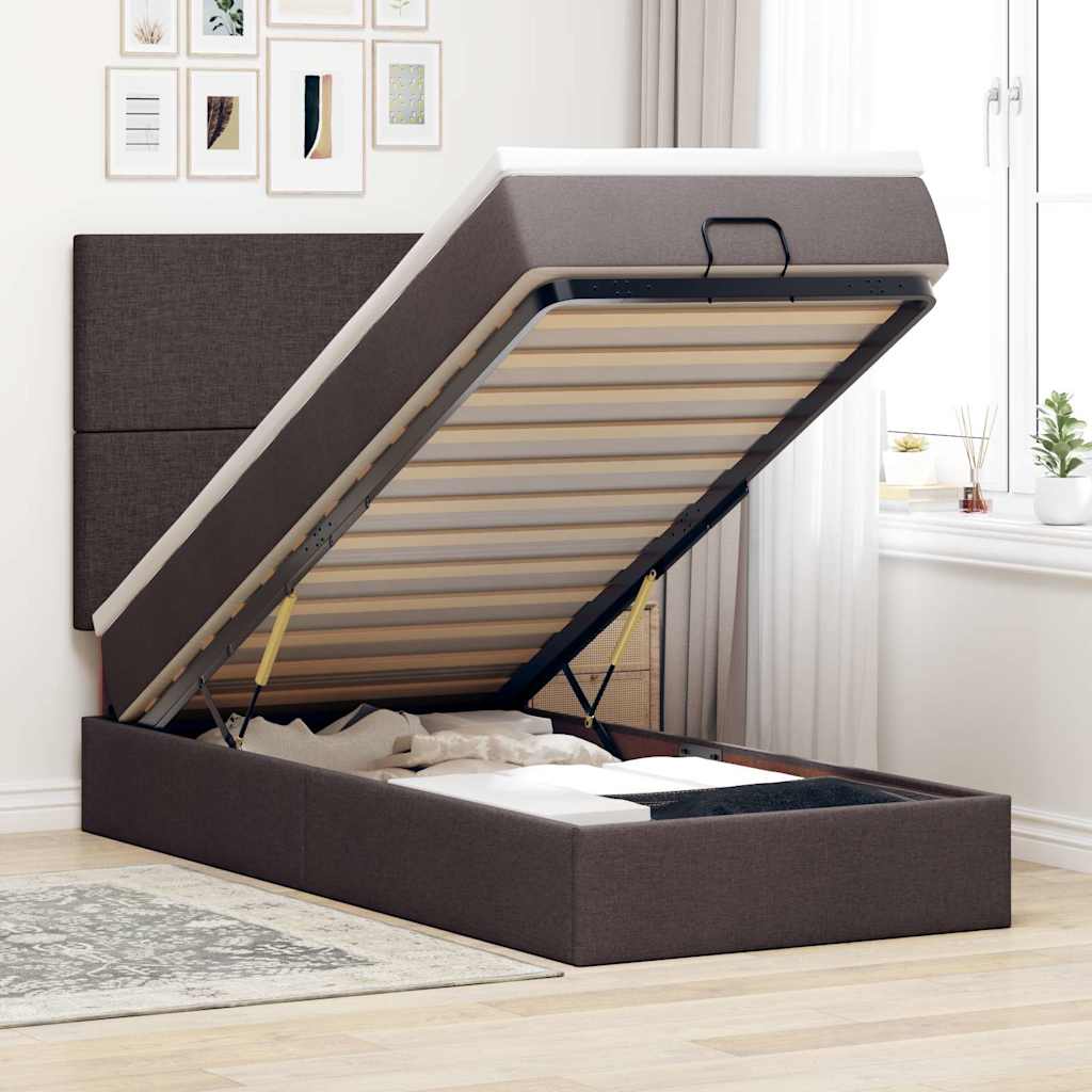 Cama otomana com colchão 90x200 cm tecido castanho escuro