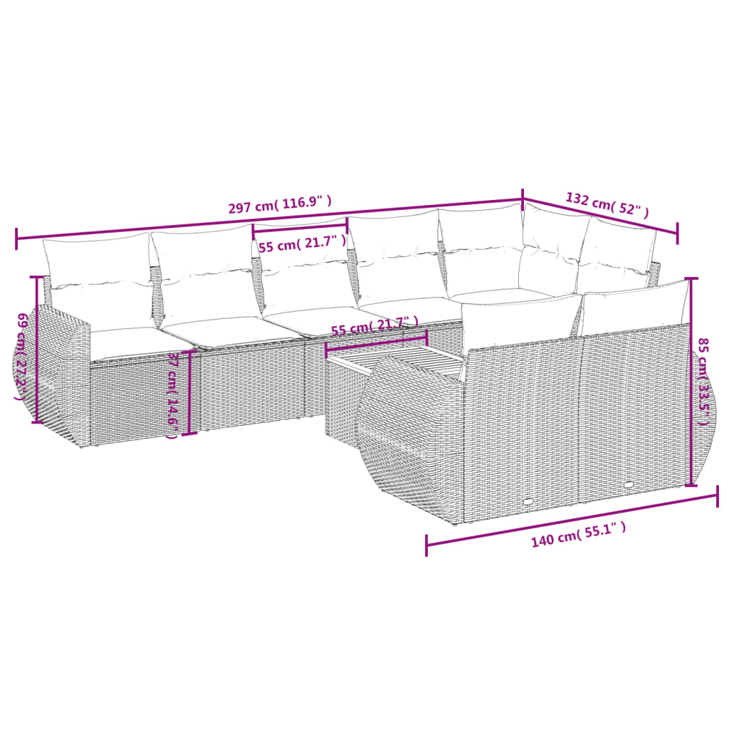 9 Pcs conjunto de sofás p/ jardim c/ almofadões vime PE preto