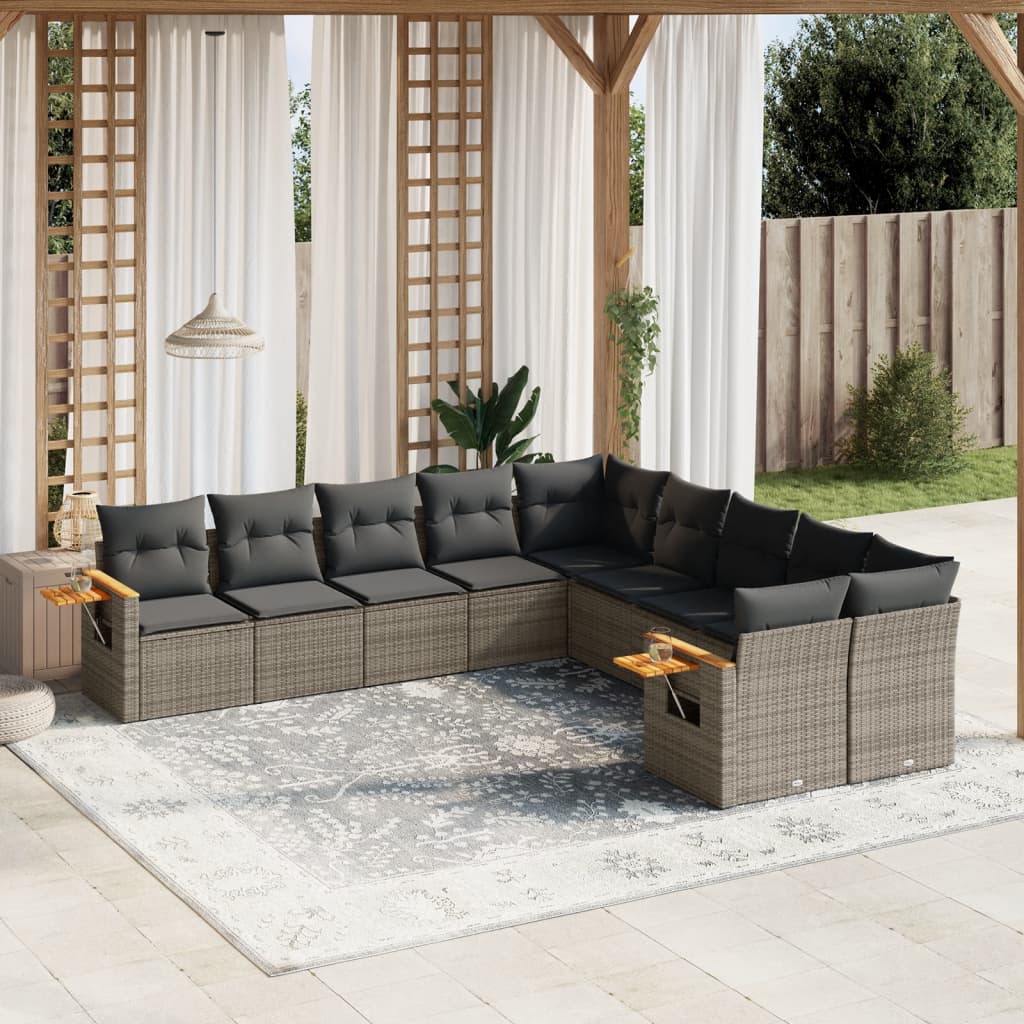 10 Pcs conjunto sofás de jardim c/ almofadões vime PE cinzento