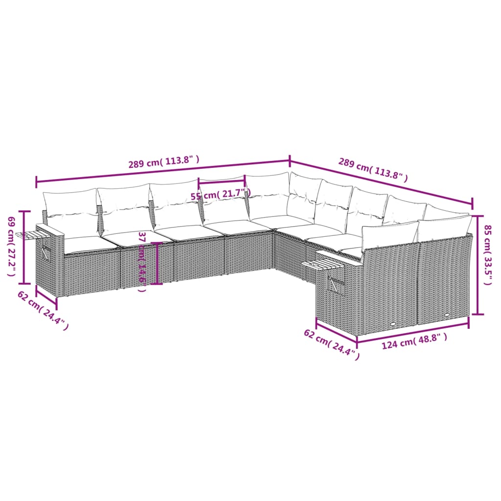 10 Pcs conjunto sofás de jardim c/ almofadões vime PE cinzento