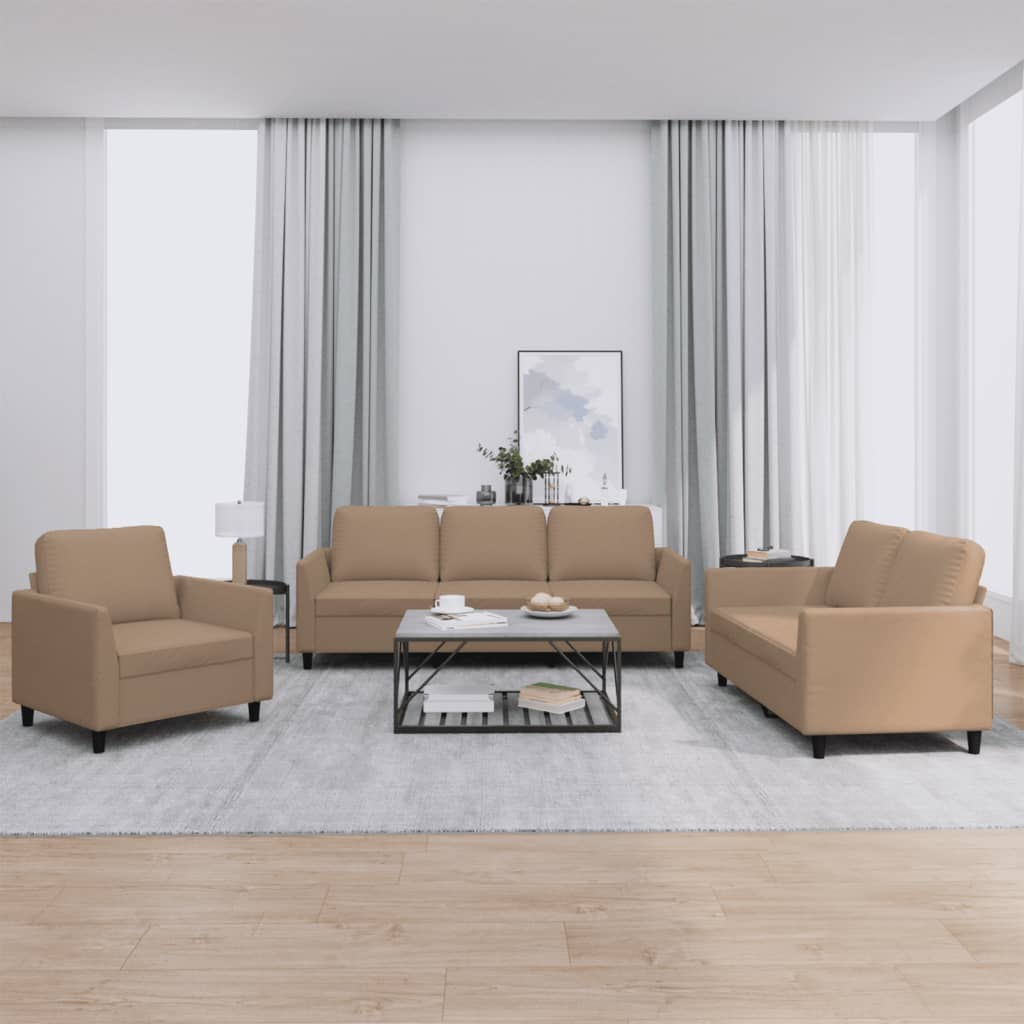 3 Pcs conjunto sofás c/ almofadões couro artificial cappuccino