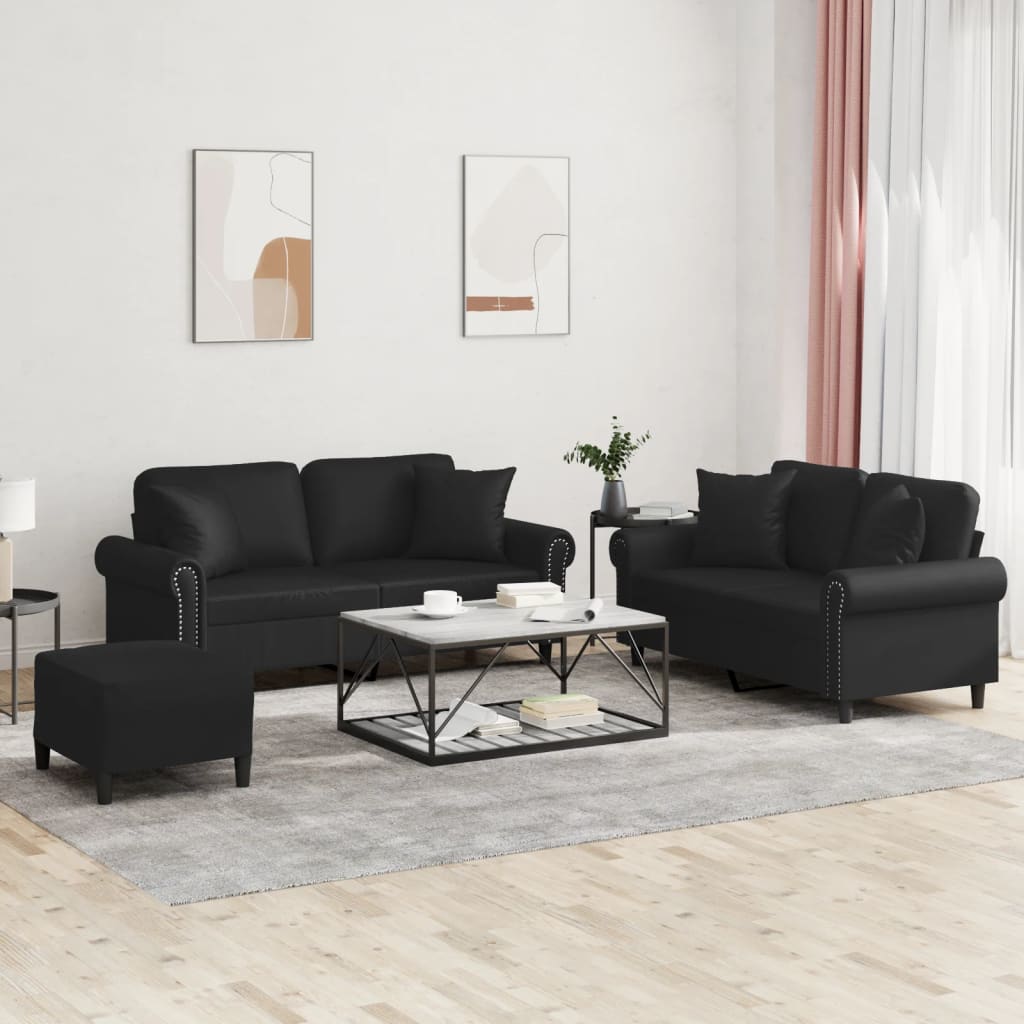 3 Pcs conjunto de sofás com almofadas couro artificial preto