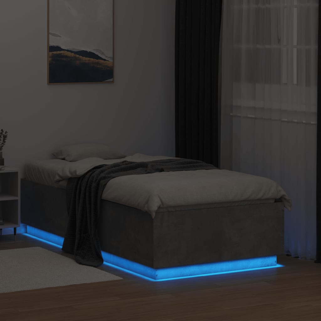 Estrutura de cama c/ luzes LED derivados madeira cinza-cimento