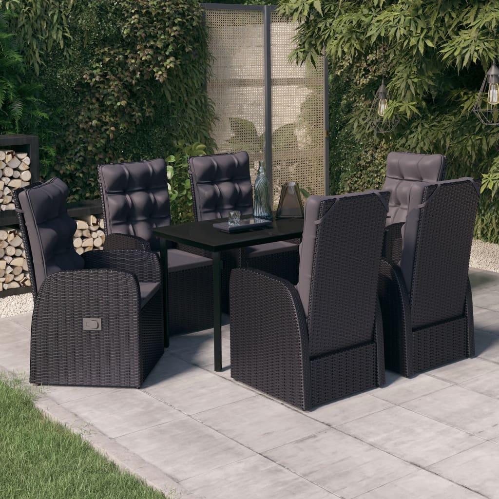7 Pcs conjunto de jantar para jardim com almofadões preto