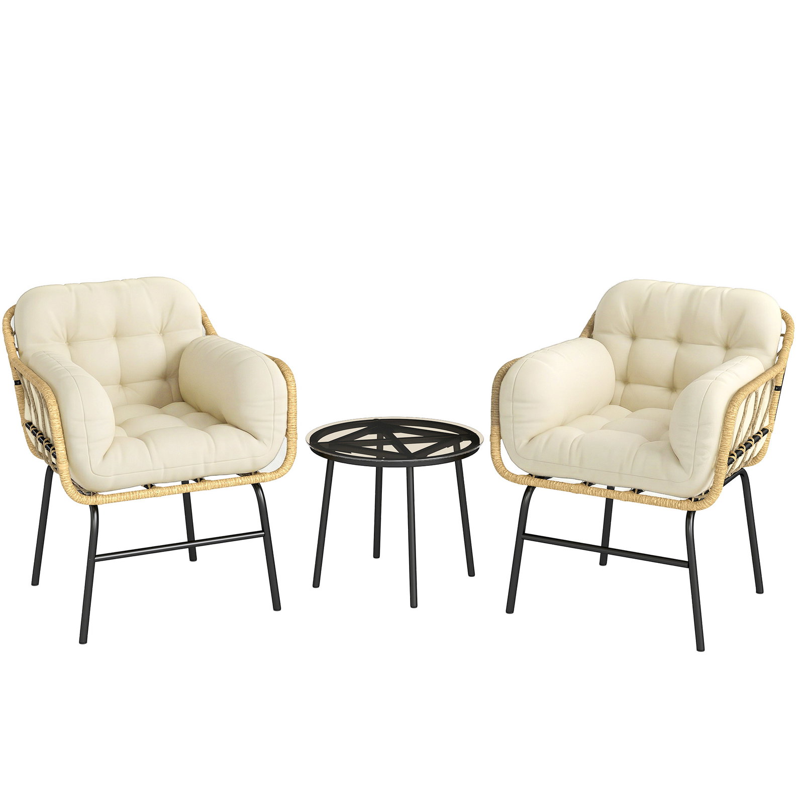 Conjunto de jardim 3 peças em vime PE com 2 cadeiras com almofadas e mesa com vidro temperado caqui
