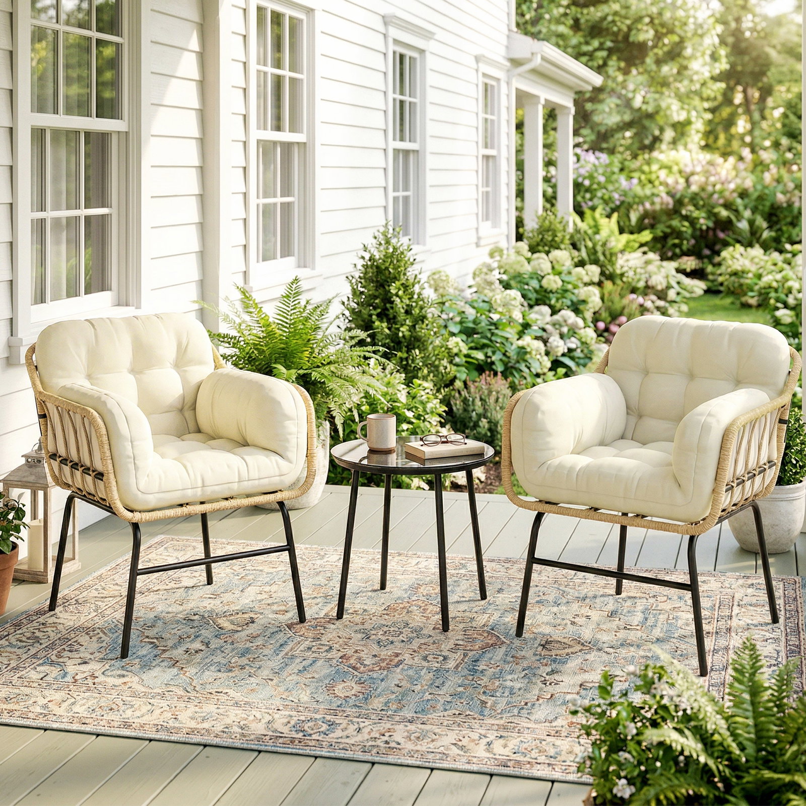 Conjunto de jardim 3 peças em vime PE com 2 cadeiras com almofadas e mesa com vidro temperado caqui