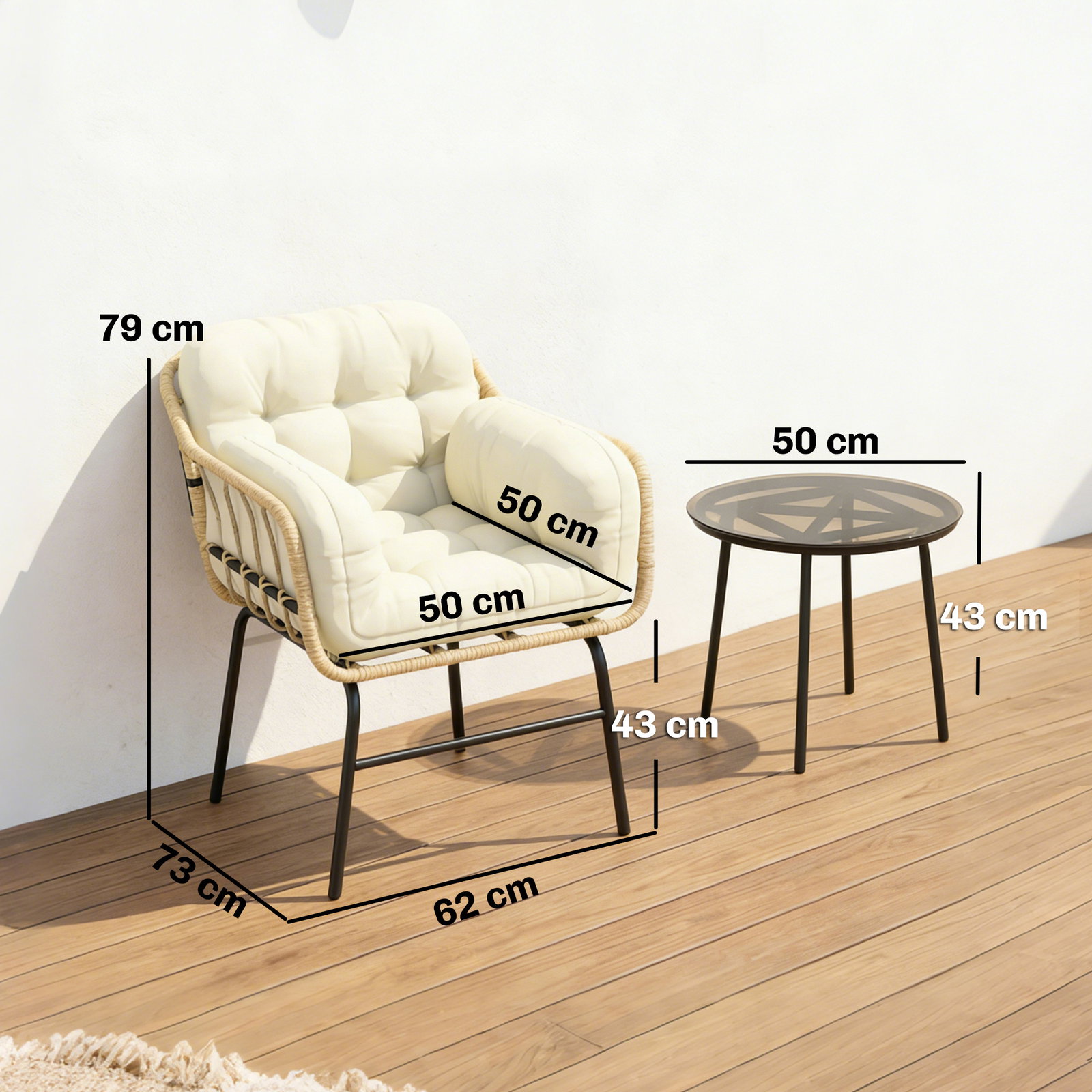 Conjunto de jardim 3 peças em vime PE com 2 cadeiras com almofadas e mesa com vidro temperado caqui