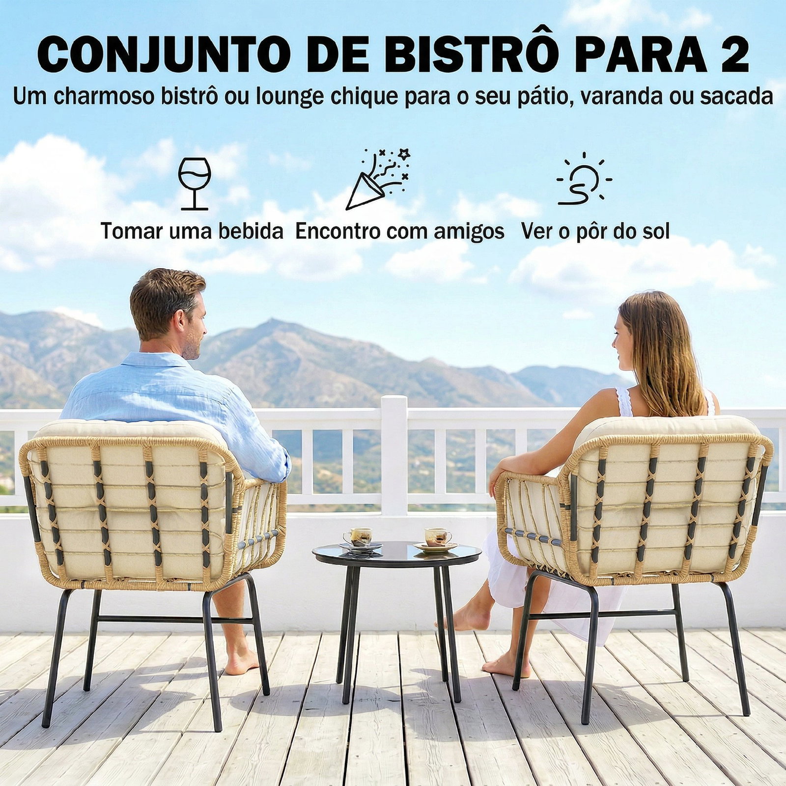 Conjunto de jardim 3 peças em vime PE com 2 cadeiras com almofadas e mesa com vidro temperado caqui