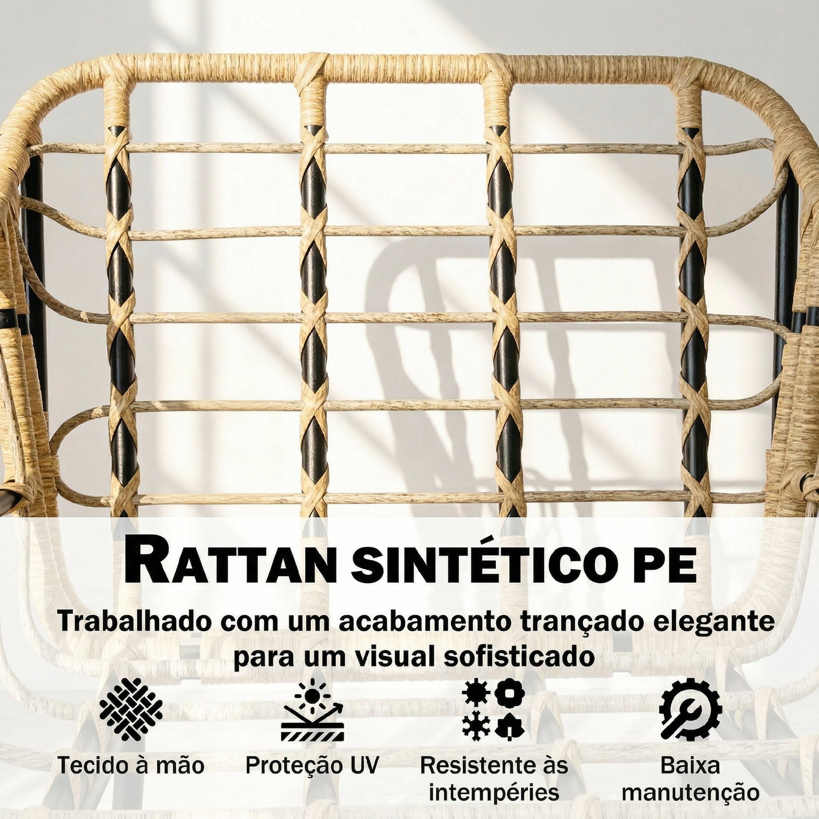 Conjunto de jardim 3 peças em vime PE com 2 cadeiras com almofadas e mesa com vidro temperado caqui