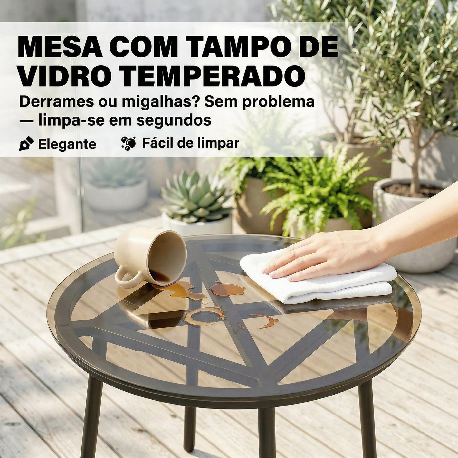 Conjunto de jardim 3 peças em vime PE com 2 cadeiras com almofadas e mesa com vidro temperado caqui