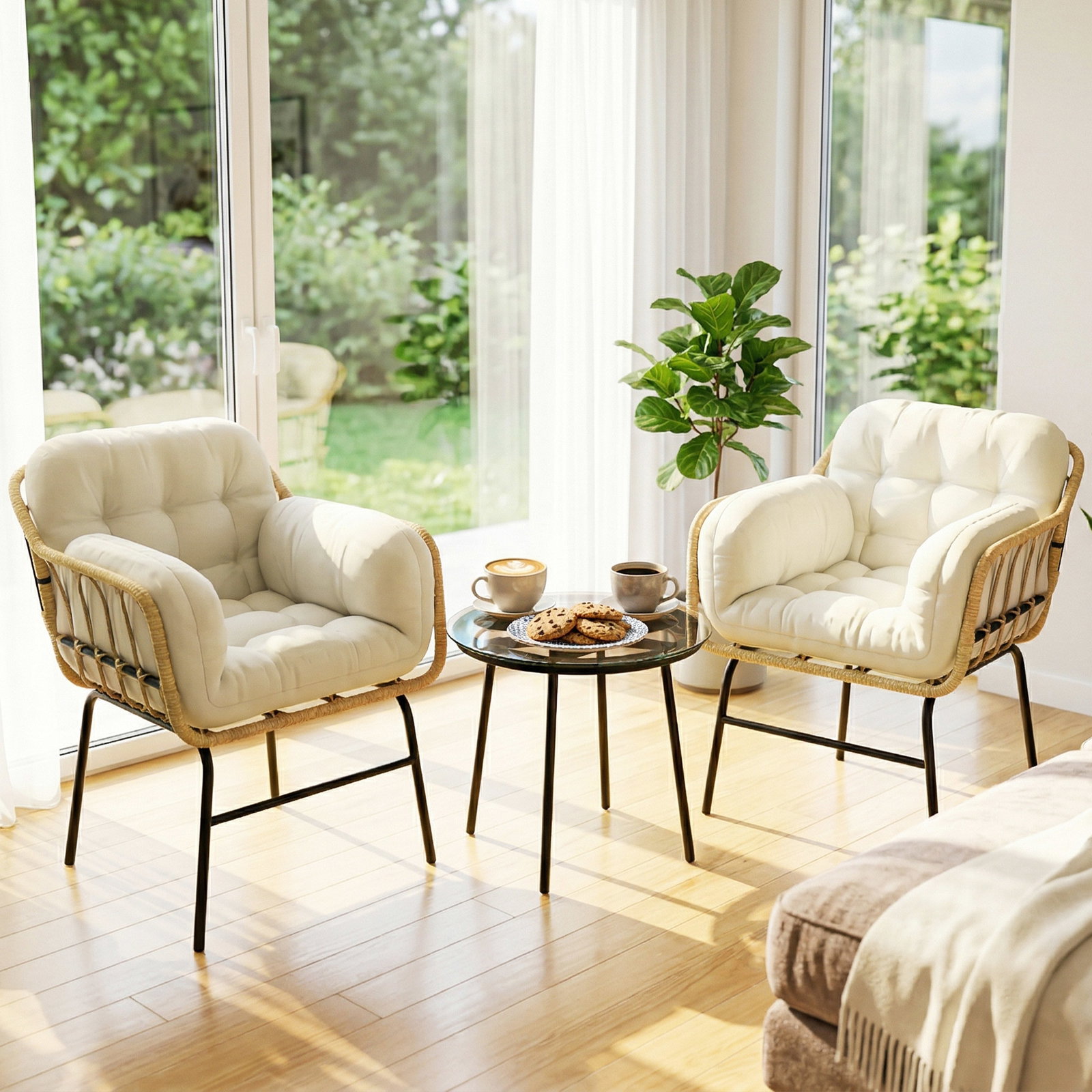 Conjunto de jardim 3 peças em vime PE com 2 cadeiras com almofadas e mesa com vidro temperado caqui