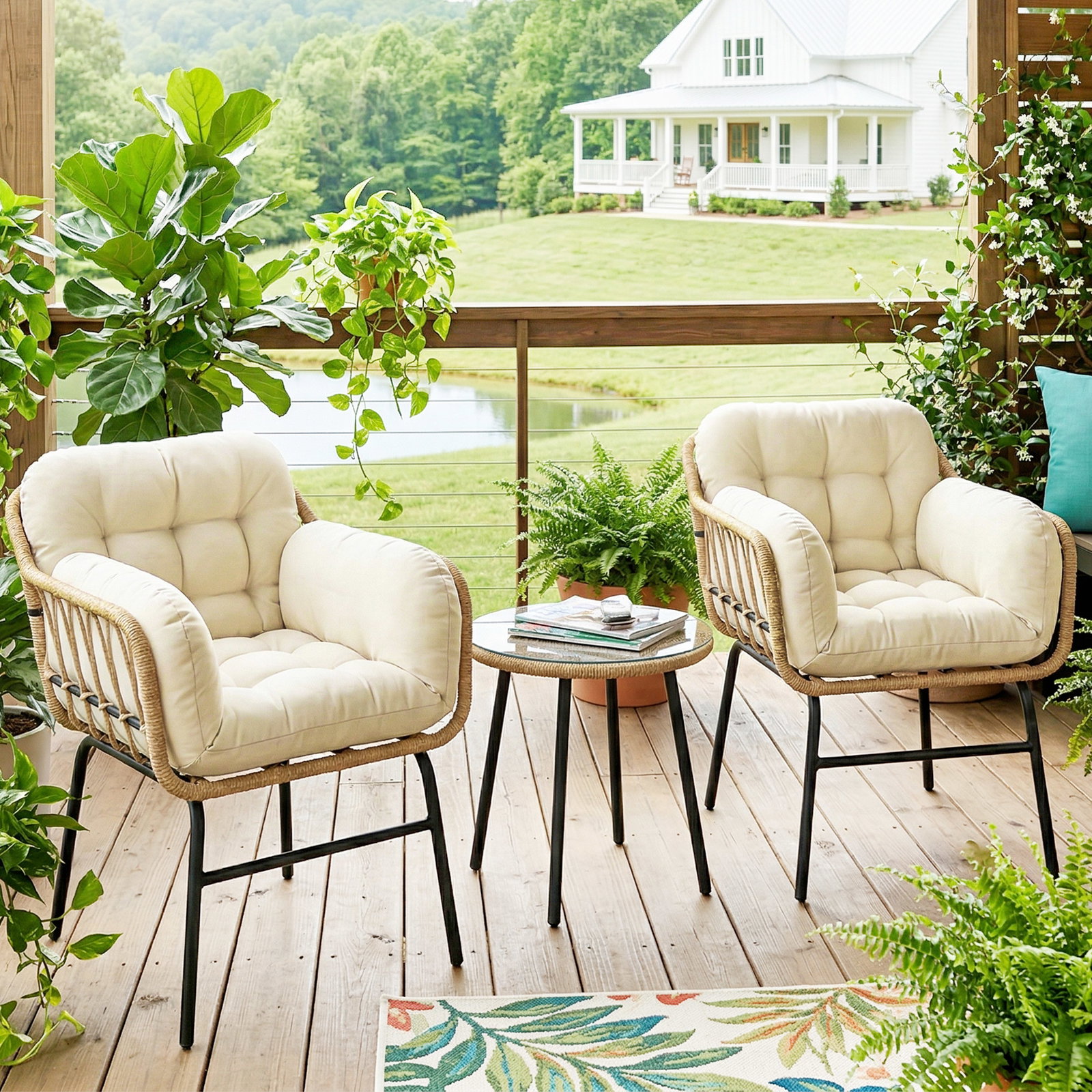 Conjunto de jardim 3 peças em vime PE com 2 cadeiras com almofadas e mesa com vidro temperado caqui