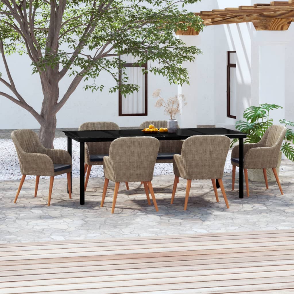 7 Pcs conjunto de jantar para jardim com almofadões castanho