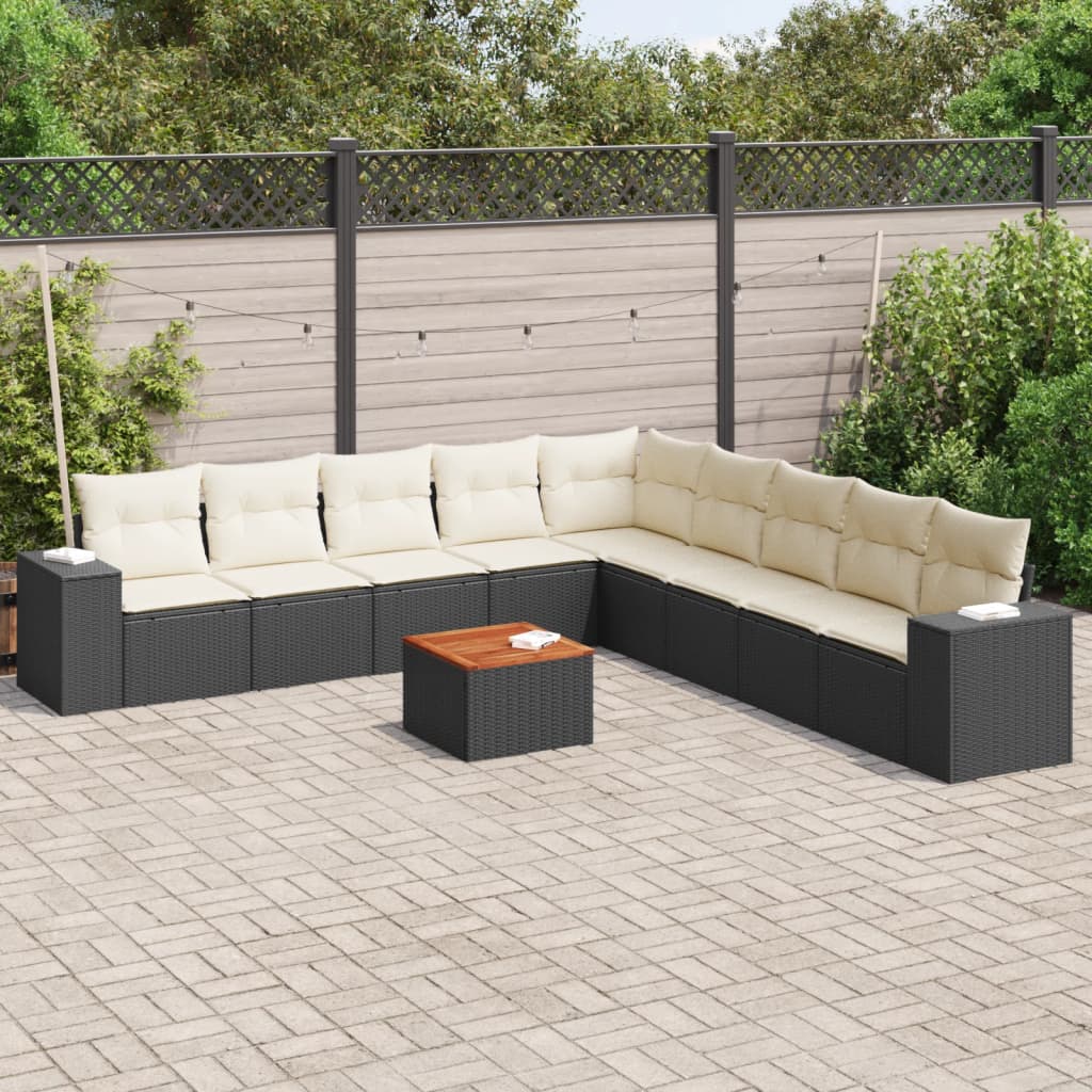 10 Pcs conjunto sofás de jardim c/ almofadões vime PE preto