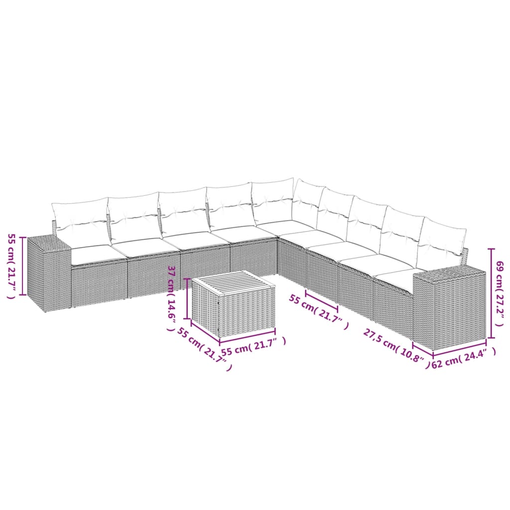 10 Pcs conjunto sofás de jardim c/ almofadões vime PE preto