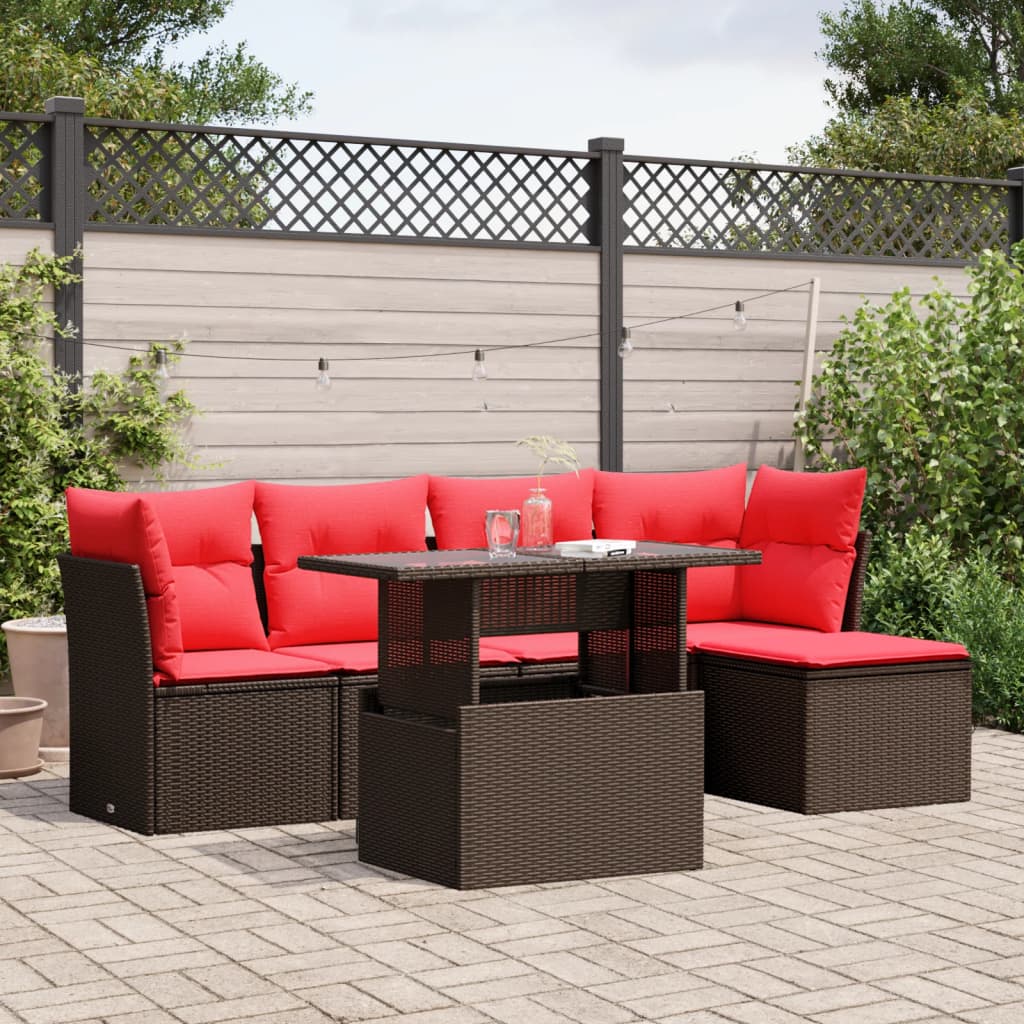Conjunto de sofá de jardim com 6 peças e almofadas em rattan sintético marrom