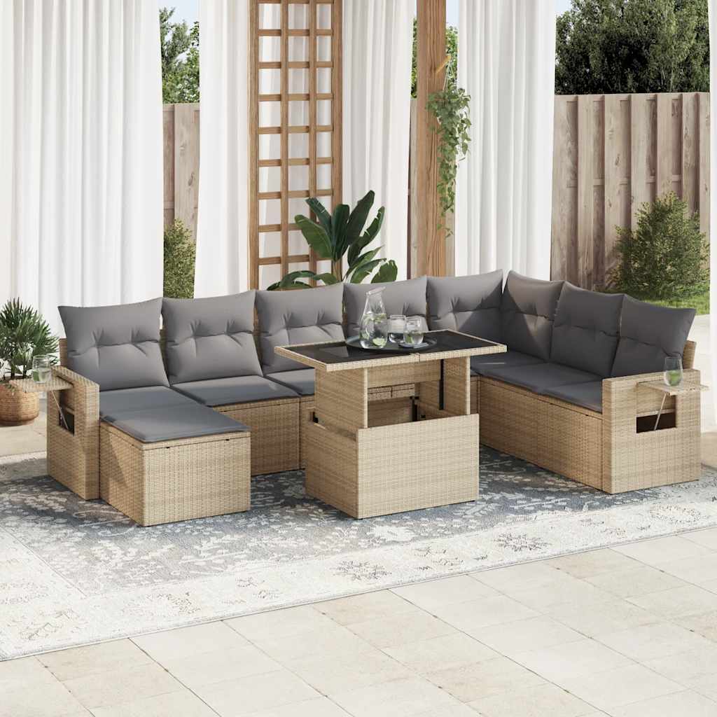 9 Pcs conjunto de sofás p/ jardim com almofadões vime PE bege