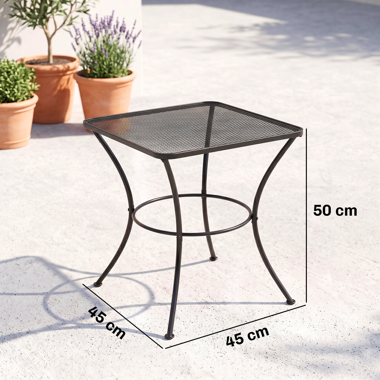 Mesa auxiliar quadrada mesa de jardim exterior com estrutura de metal para pátio terraço varanda 45x45x50 cm preto