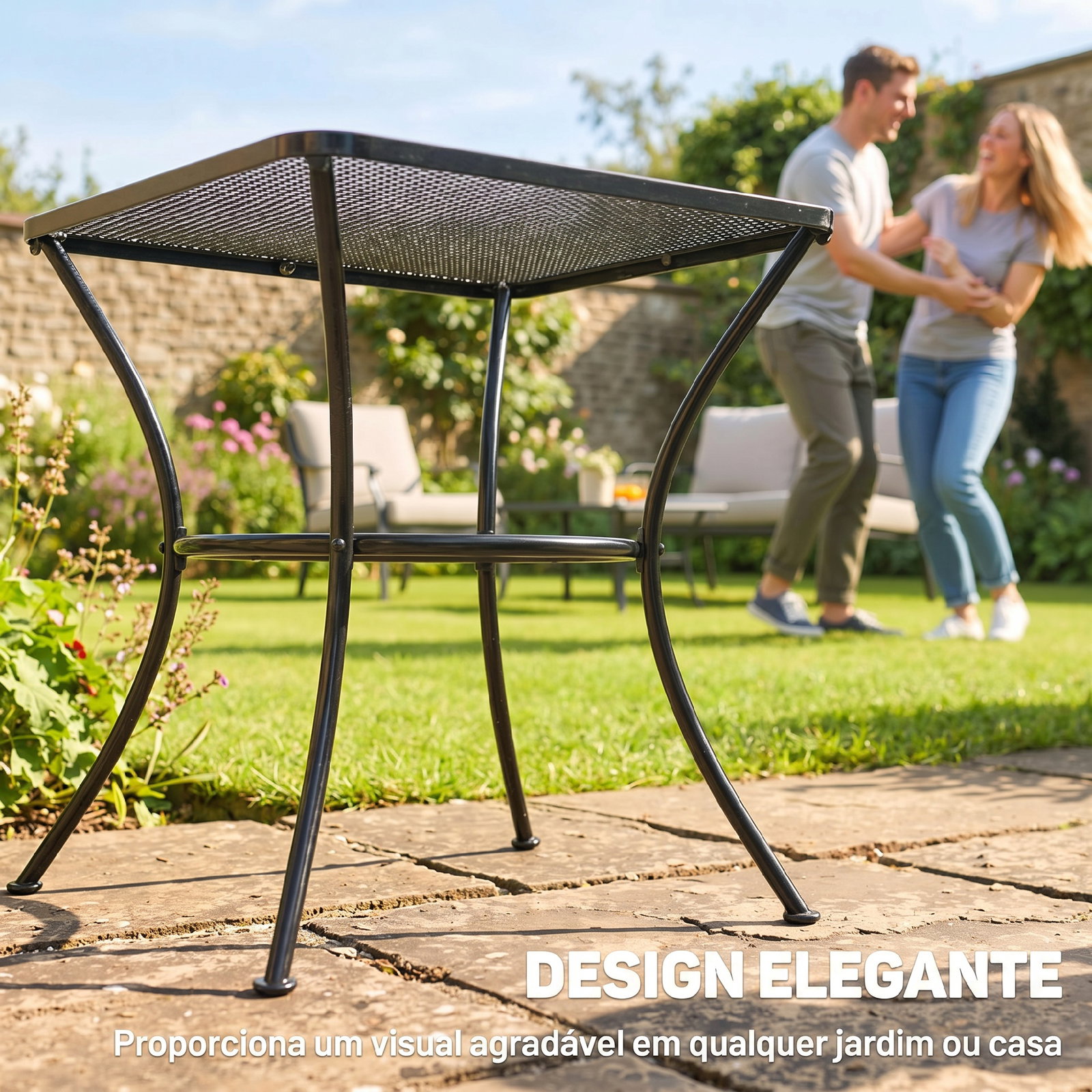 Mesa auxiliar quadrada mesa de jardim exterior com estrutura de metal para pátio terraço varanda 45x45x50 cm preto
