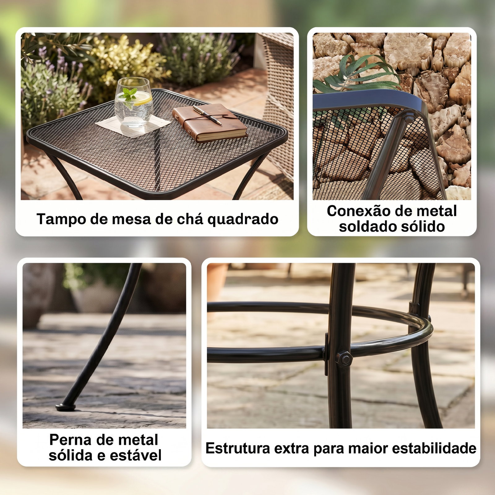 Mesa auxiliar quadrada mesa de jardim exterior com estrutura de metal para pátio terraço varanda 45x45x50 cm preto