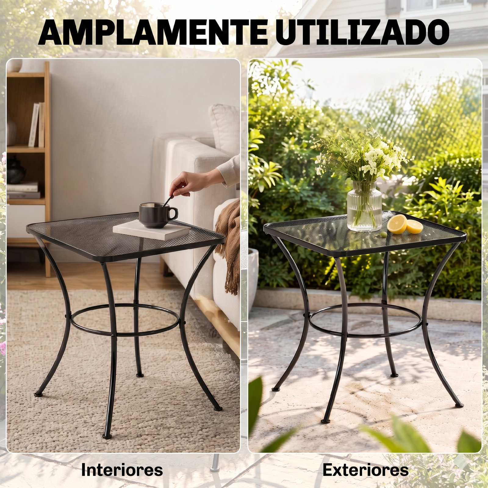 Mesa auxiliar quadrada mesa de jardim exterior com estrutura de metal para pátio terraço varanda 45x45x50 cm preto