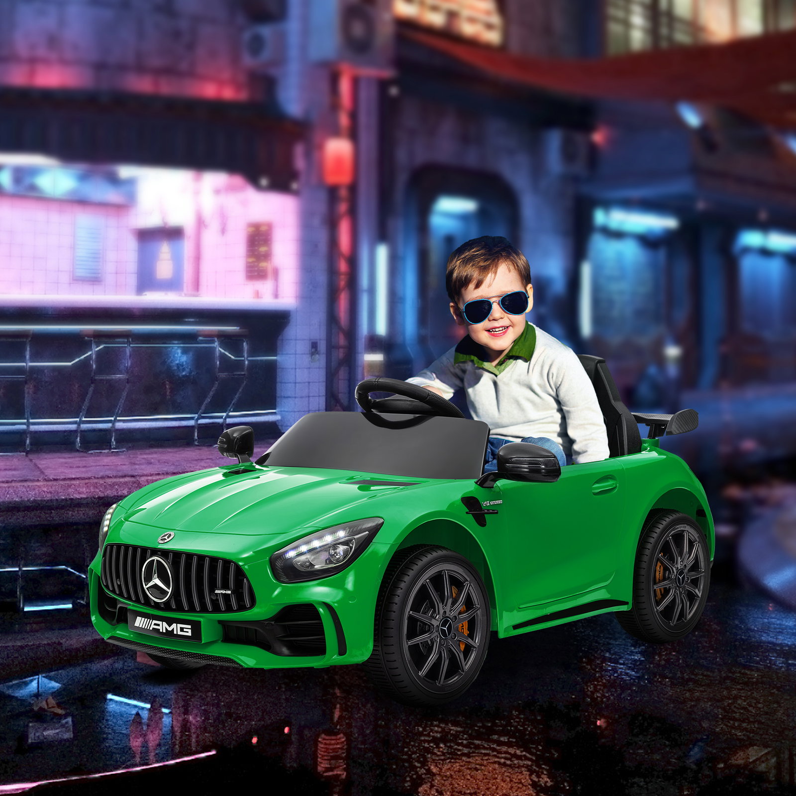 Carro elétrico para crianças carro mercedes-benz amg gtr com bateria 12v faróis buzina e música 108x67x46 cm verde