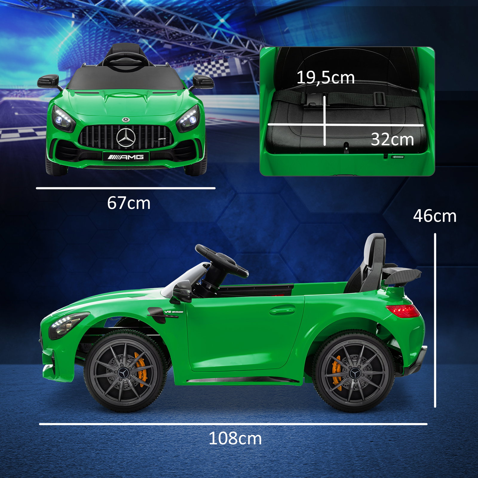 Carro elétrico para crianças carro mercedes-benz amg gtr com bateria 12v faróis buzina e música 108x67x46 cm verde