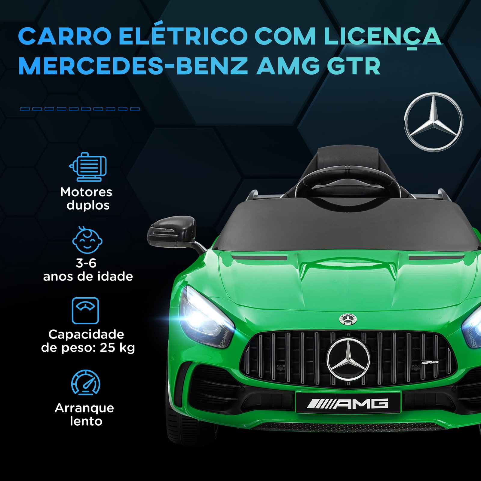 Carro elétrico para crianças carro mercedes-benz amg gtr com bateria 12v faróis buzina e música 108x67x46 cm verde