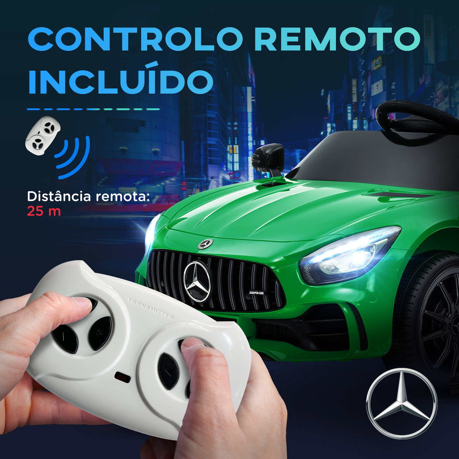 Carro elétrico para crianças carro mercedes-benz amg gtr com bateria 12v faróis buzina e música 108x67x46 cm verde