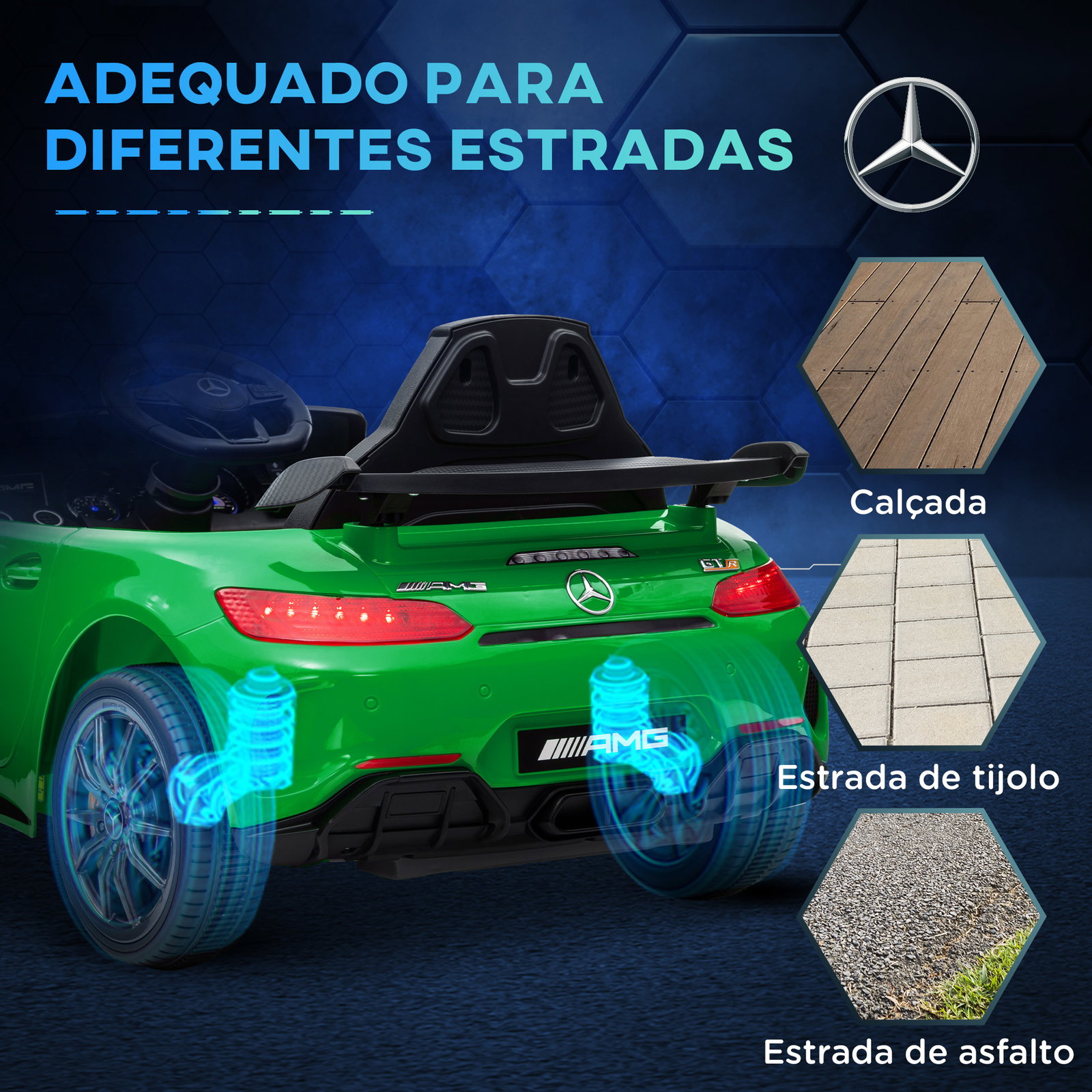 Carro elétrico para crianças carro mercedes-benz amg gtr com bateria 12v faróis buzina e música 108x67x46 cm verde