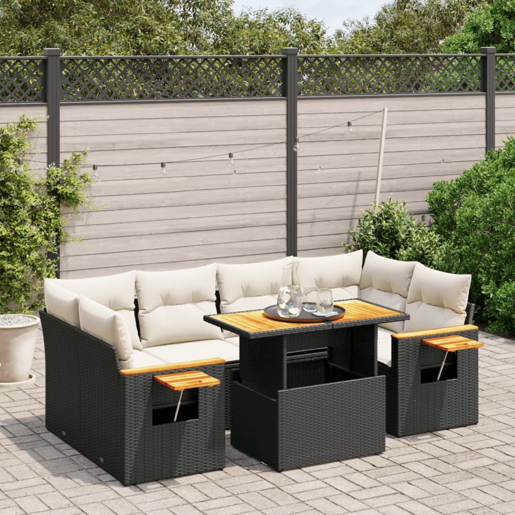 7 Pcs conjunto de sofás p/ jardim c/ almofadões vime PE preto